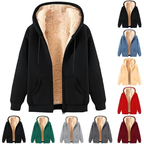 ZWDC Damen Winterjacke Warm Fleecejacke Winter Sweatjacke mit Kapuze Elegant Einfarbig Übergangsjacke Große Größen Kapuzenpullover mit Taschen Lässige Wintermantel mit ReißVerschluss Plüschjacke