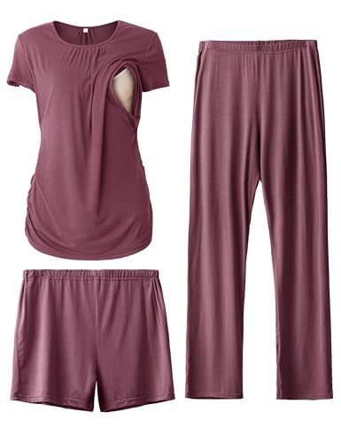 SUNNYBUY Damen Umstandsmode Stillpyjama-Set, Kurzarm-Stillshirts, Schwangerschafts-Shorts und Hosen, 3-teiliges Stillpyjama-Set, Dunkelrot M