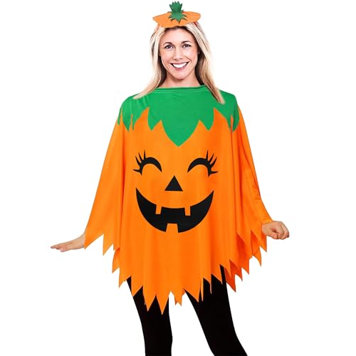 23GUANYI Faschingskostüme Damen Kürbis, Kürbis Karneval Kostüm, Kürbiss Kostüm Mädchen, Festival Lustig Niedlich Party Fancy Dress Kürbisse Orange Poncho Outfit mit Kürbisse Hut für Erwachsene