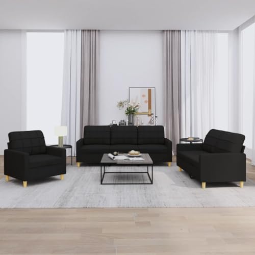 Iiaky Sofa Set 3 2 1 Wohnzimmer Sofagarnitur 3-2-1Couchgarnitur Wohnzimmer Set StoffSofa-Schwarz-Mit Kissen
