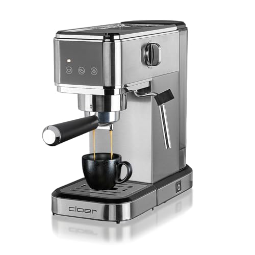 Cloer 5829 Espresso-Siebträgermaschine, Espressomaschine mit Aufschäumer, 20 Bar, schmales Design,1-2 Tassen Espresso, Cappuccino,Latte Macchiato,Sicherheitsabschaltung,1 Liter Wassertank,1350W