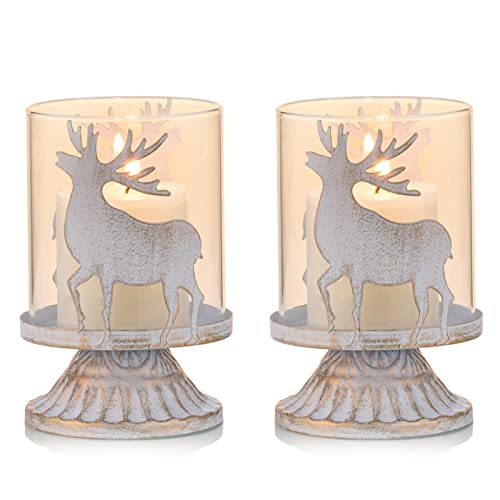 Sziqiqi Kerzenhalter Weihnachtsdeko Innen Tisch: Windlichter 2er Set Hirsch Kerzenständer Metall Vintage für Weihnachten Deko Tisch Wohnzimmer Weiß