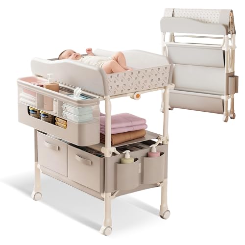 Tragbarkeit Klappbarer Wickeltisch, Multifunktionaler Baby Wickelkommode mit Schubladen, Höhenverstellbare Mobil Wickeltisch für Neugeborene und Kleinkinder, Baby Wickelstation mit Rollen bis zu 65 Kg