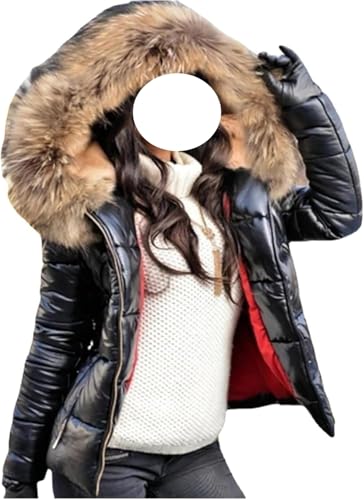 Goolecrimp Damen Winter Glänzend Kunstpelz Kragen Daunenjacke Kurz Warm Schlank Mode Lässig Outdoor Sport Winddicht Verdickt Kapuzen Daunenjacke (Schwarz1,S)