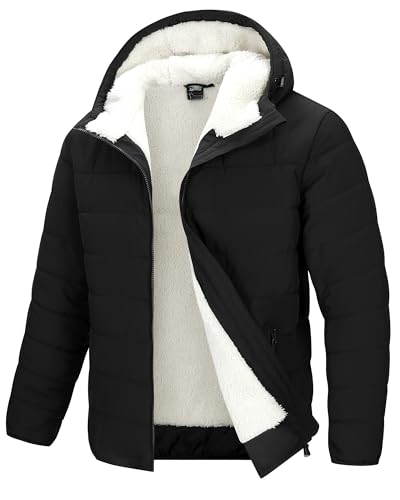 33,000ft Herren Fleecejacke Leichte Steppjacke Warme Jacke mit Kapuze Winddicht Freizeit Übergangsjacke Wasserabweisende Gefüttert Fleece Wanderjacke Winterjacke für Männer Schwarz XL