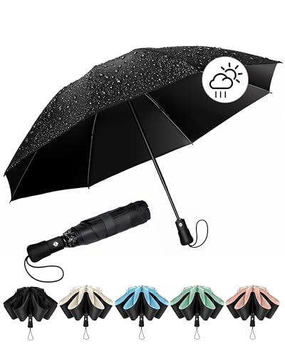 Chakipee Regenschirm Groß Sturmfest Kompakter Reise für Damen und Herren– Automatik Auf und Zu Taschenschirm Tragbarer UV-Schirm, Taschenschirme Schwarz 210T Beschichtung 97 cm Spannweite 8 Rippen