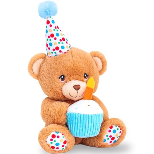 Deluxe Paws Teddybär für besondere Anlässe, Happy Birthday, 100% recycelt, ca. 18 cm groß, Bär hält Geburtstagskuchen und trägt einen Geburtstagshut