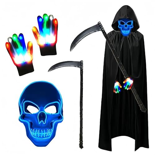 Shengou Halloween Sensenmann Kostüm Set,Halloween Kostüm,Sensenmann Kostüm Erwachsene,Leuchtende Maske Set mit Sensemann Umhang und Sense und Glow Handschuhe für Party Karneval Cosplay (BlauB)