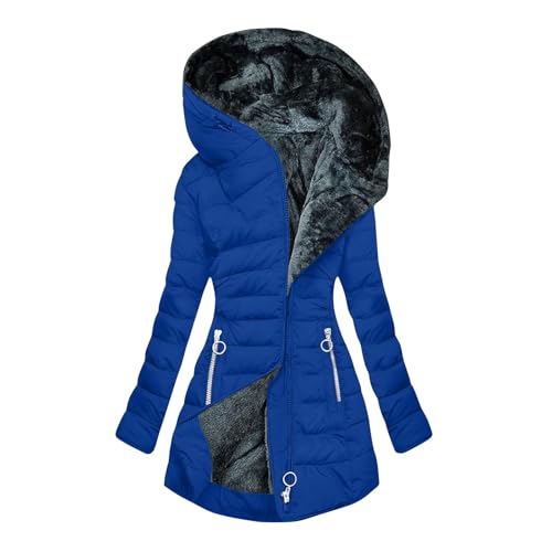 Winterjacke Damen Lang Wintermantel Fleece Gefüttert Steppjacke Warm Daunenjacke Elegant Parka mit Kapuze Winterparka Einfarbig Hoodie Jacke Winddicht Outdoorjacke Baumwolle Mantel Blau L