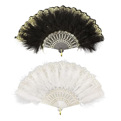 MIVAIUN 2 Pack Damen Fächer Feder 1920s Vintage Style Folding Handheld Feather Fan, Retro Handfächer Damen Gatsby Kostüm Flapper Zubehör, Folding Feather Fan für Party Kostüm Dekoration