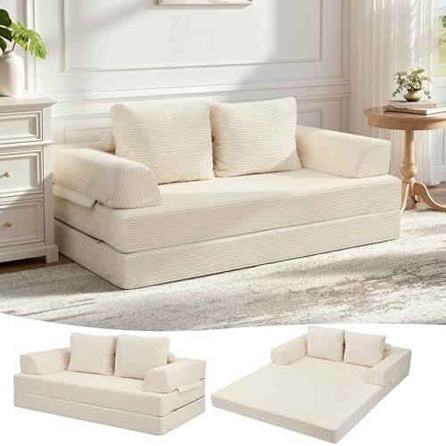 MeMoreCool Boneless Sofa Bett aus Cord – Boden Schlafsofa Convertible Futon mit Kissen, Bequeme Schaumstoff-Matratze, Vielseitige Lounge Cloud Couch für Wohnzimmer & Schlafzimmer, Beige