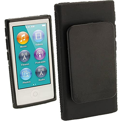 igadgitz U2064 Schwarz Kristall Gel Tasche TPU Schutzhülle Etui mit integriertem Sport Clip + Displayschutzfolie Kompatibel mit Apple iPod Nano 7 Gen