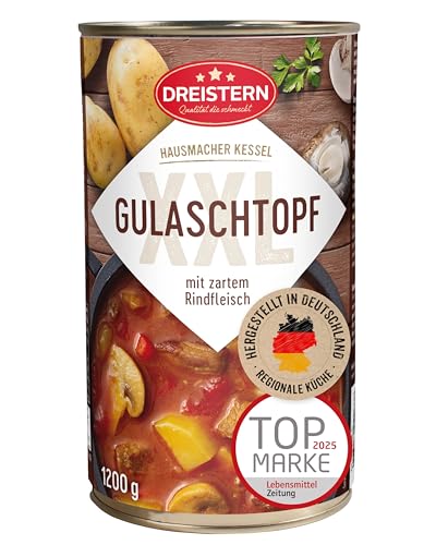 DREISTERN Gulaschsuppe 1200g I Mit Rindfleisch & Gemüse I XXL Herzhafter Eintopf in recyclebarer Konservendose I Lange Haltbarkeit dank natürlicher Konservierung I Hausmacher Qualität