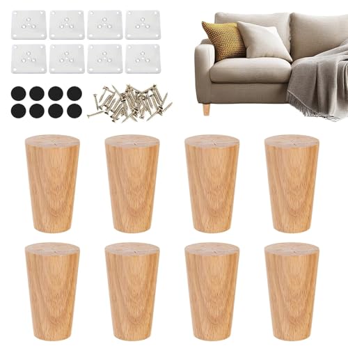 LINTRA 8 Stück Möbelfüße Holz, 8cm Holzfüße für Möbel, Jedes Möbelfüsse mit Befestigungsplatte, Schrauben und Rutschfesten Unterlagen, Geeignet für Verschiedene Möbelstücke