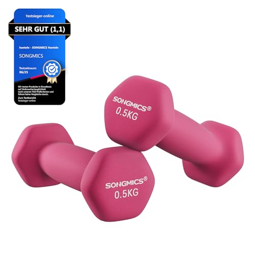 SONGMICS Hanteln 2er Set, 2 x 0,5 kg, Kurzhanteln mit matter Beschichtung aus Neopren, rutschfest, Fitness, Krafttraining, für Zuhause, Fitnessstudio, pink SYL61PK