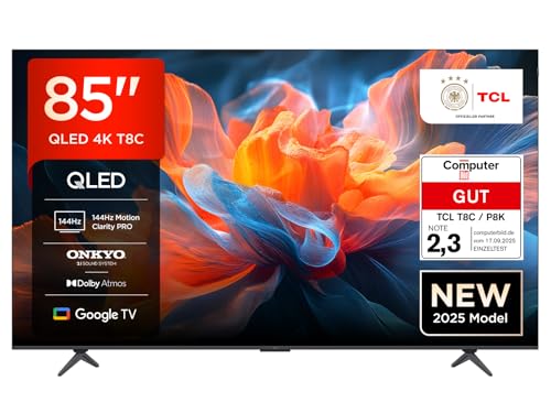 TCL 85T8C 85 Zoll QLED 4K HDR Ultra HD Fernseher, Smart TV mithilfe von Google TV (Dolby Vision Atmos, 144Hz Motion Clarity Pro, Game Bar, ALLM, FreeSync, Onkyo 2.1 Sound,Sprachsteuerung)