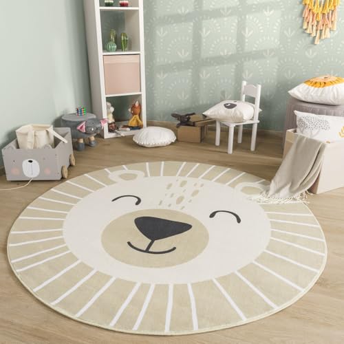 TT Home Waschbarer Kinderteppich Teppich Kinderzimmer Rund Spielteppich Löwe Bär Muster, Farbe:Beige Braun, Größe:120 cm Rund