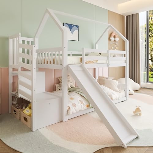 Kinderbett Etagenbett 90x200cm, Hausbett Hochbett mit Treppe und Rutsche, Multifunktionsbett Holzbett Baumhausbett Spielbett Stockbett Bettgestell mit Rausfallschutz & Lattenrost, Ohne Matratze, Weiß