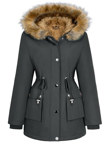 heekpek Damen Wintermantel Warm Wasserdichter Gefüttert Winterjacke Damen Mittellange Winterparka mit Verstellbarer Taille und Abnehmbare Zierleiste, Dunkelgrau, L