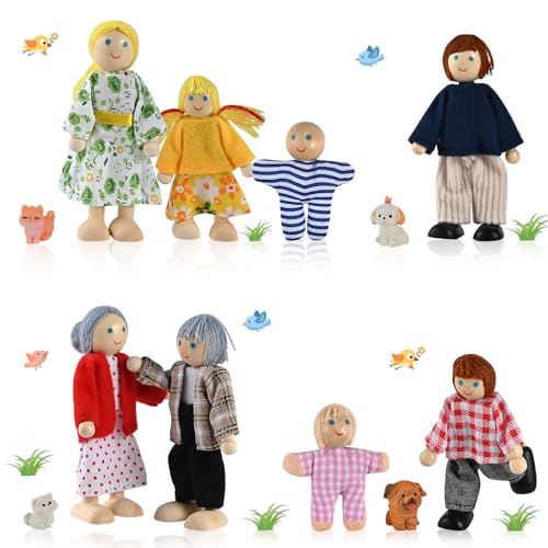 Wooderma 12 Stück Hölzerne Puppenhaus Puppen Familie Set, Puppenhaus Figuren mit Katze und Hund, Puppenfamilien-Biegepuppen für Rollenspiel, Puppenhaus Zubehör, Fantasiespiel, Geschenk für Kinder