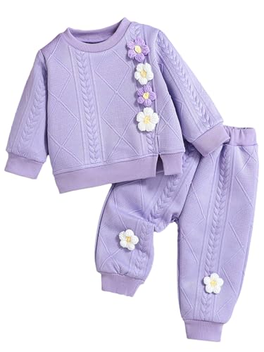 RUNQHUI Neugeborene Baby Mädchen 2Pcs Outfit Set Langarm 3D-Blumen Sweatshirt Pullover + Hose Babykleidung Set Herbst Winter Mode Outfits Violett 74-80