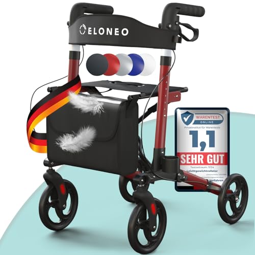 ELONEO Rollator faltbar und leicht mit Sitz, Leichtgewicht-Reiserollator aus Aluminium, Gehhilfe 8-fach höhenverstellbar, Laufhilfe 3-fach faltbar für Kofferraum, Tasche & Schirmhalter Rot