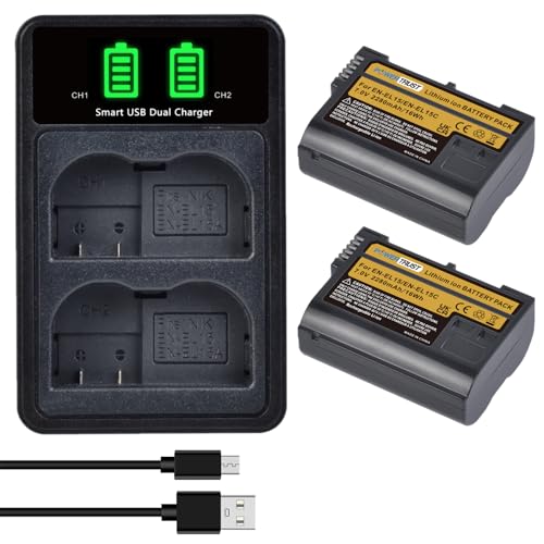 PowerTrust EN-EL15 EL15B EN-EL15C Akku und Ladegerät mit Typ-C Anschluss für Nikon Z8,Z5, Z6,Z6 II,Z6 III, Z7 II, D7200, D500, D800, D7200, D7000, D750, D7500, D810, D7100,D600, D610