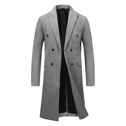 Allthemen Wintermantel Herren Knielang Zweireihig Wollmantel Winter Herrenmantel Lang Slim Fit Mäntel Schwarz Business Grau L