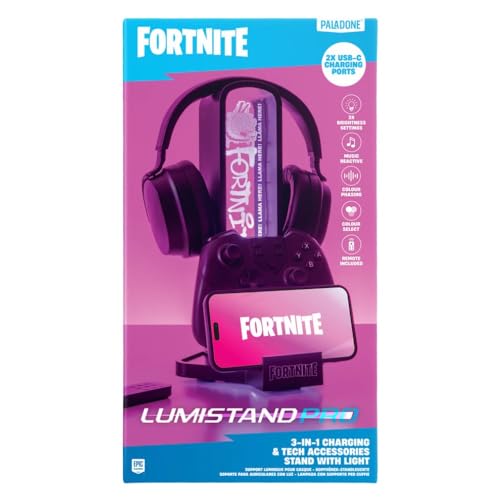 Paladone Fortnite 3-in-1 Kopfhörerständer und Technik-Ladestation mit Konsolen-Controller-Halterung und 2 USB-C-Ports, RGB-Farbwechsel-Lichtpanel, offiziell Lizenziertes Geschenk für Gamer