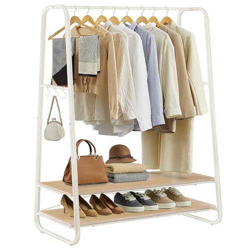 VASAGLE Kleiderständer, Garderobenständer, Garderobe, 2 Ablagen, 6 Haken in S-Form, Stahlgestell, 45 x 100 x 160 cm, für Schlafzimmer, Flur, Eingangsbereich, eichenfarben-cremeweiß RGR112W09