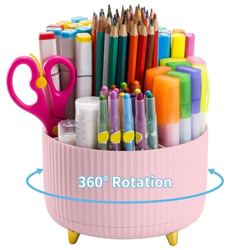 Marbrasse Schreibtisch Organizer,360 Grad Drehbarer Stifthalter für Schreibtisch Zubehör mit 5 Fächern,Stifte Organizer,Stift Aufbewahrungsbox für Büro Zuhause (Rosa)