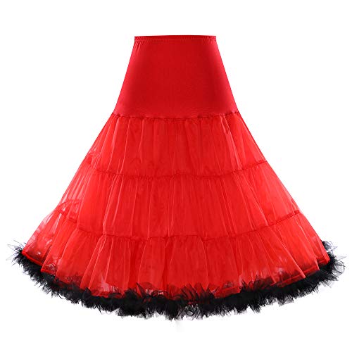 Boolavard 1950 26 Zoll Rockabilly Petticoat, Retro, Vintage, Tutu, Swing, Farben: Rot, Schwarz, Weiß, Blau, Rosa, Rot mit schwarzem Besatz, L-XL