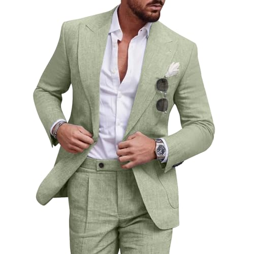 Diaryan Leinenanzug-Set für Herren, lässiger Smoking, 2-teilig, Normale Passform, Blazer, EIN-Knopf-Jacke und Hose, für Abschlussball, Hochzeit, Party, Hellgrün, XL