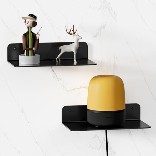 Wisfame Wandregal Schwarz, Regal Ohne Bohren 2er-Set, 23cm Modern Metall Schweberegal mit Kabelloch, Dekorative Kleberegal Wandboard für Wohnzimmer, Schlafzimmer, Badezimmer, Spielzimmer