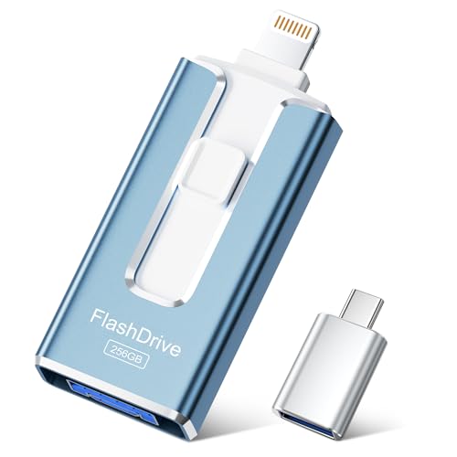 SUDEHO USB Stick 256 GB für iPhone, MFi-zertifizierter 4-in-1 Speicherstick für iPhone/iPad/Android/PC, Flash-Laufwerk mit Plug-and-Play Backup für Fotos & Videos, schnelle Übertragung, Aschblau