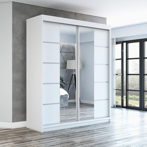 A&J MöbelLand Schwebetürenschrank ERA Kleiderschrank 2-türig mit Spiegel, Garderobe 160 cm (Weiß/Weiß/Weiß)