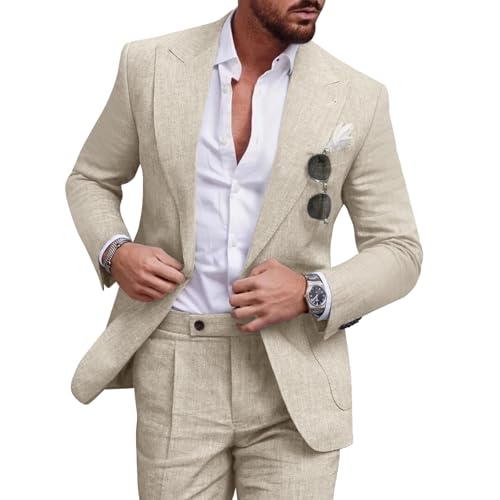 Diaryan Leinenanzug-Set für Herren, lässiger Smoking, 2-teilig, Normale Passform, Blazer, EIN-Knopf-Jacke und Hose, für Abschlussball, Hochzeit, Party, Beige, L