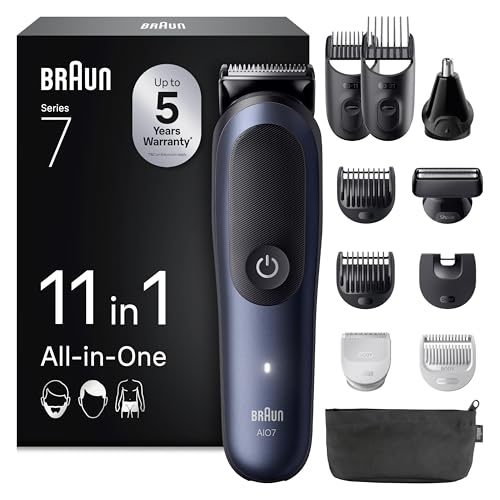 Braun All-in-One Trimmer-Set 7, 11-in-1 Multigroom, Barttrimmer, Nasenhaartrimmer, Haarschneidemaschine für Gesicht, Kopf und Körper, 120 Min Akku, 14 Längen (3–21 mm), Wasserdicht, AIO7540, Blau