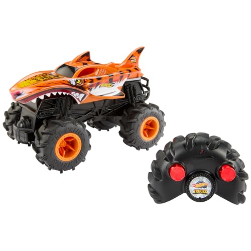 Hot Wheels Monster Trucks Ferngesteuertes Auto, HW Tigerhai RC im Maßstab 1:24, Ferngesteuerter Spielzeugtruck, Allradfunktionen mit Action-Geländereifen, voll funktionsfähige Fernbedienung, HNV03