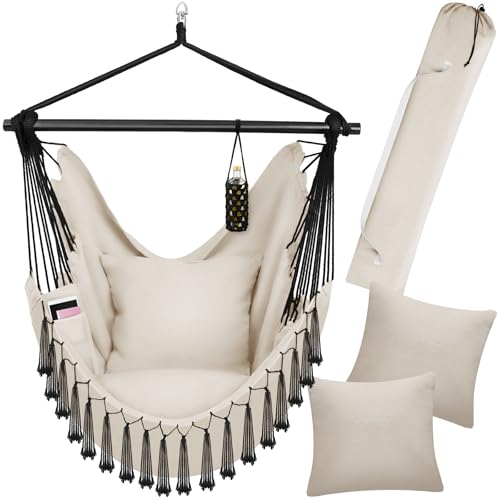 tectake® Hängesessel Outdoor wetterfest oder Indoor mit Tabletfach und Getränkehalterung, Makramee Schaukel für Balkon, Hängestuhl Garten, Hängeschaukel belastbar bis 150 kg - beige