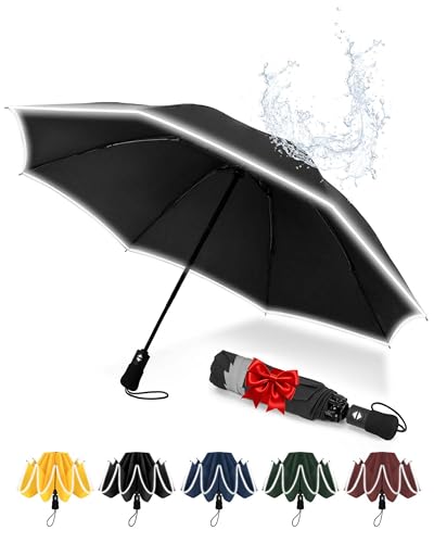 Chakipee Regenschirm Groß Sturmfest Reflektierend für Herren und Damen – Taschenschirm Automatik Auf und Zu Reise Schirm Kompakter Tragbarer, Taschenschirme Schwarz 210T Beschichtung 106 cm Spannweite