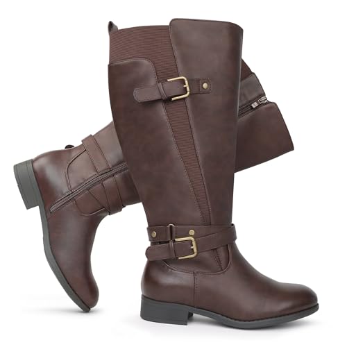 Chicblooms Damen Reitstiefel mit extra breitem Schaft, niedrigem Absatz, Knöchelriemen, schlankes Design, kniehohe Stiefel, Braun Synthetik EU 37