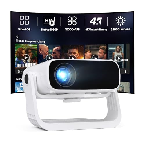 2025 Neuer Upgraded Smart Beamer Full HD 1080P, 25000 Lumens, Android 11,Integrierte Apps, 4D Trapezkorrektur,WiFi 6 & BT 5.2, Heimkino 4K Beamer mit 120° drehbarem Ständer für iOS/Android/Laptops