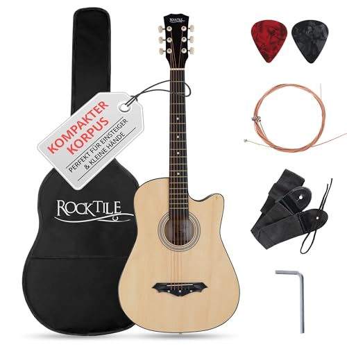 Rocktile WSD-5C-NT Slim Line Westerngitarren Set - Dreadnought Akustik Gitarre - Westerngitarre mit Korpus aus Linde - Hals: Catalpa - Set inkl. Tasche, Ersatzsaiten, Gurt und Plektren - Natural
