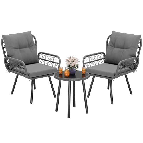 Blishom 3 teiliges Gartenmöbel Set, Bistro-Set aus handgewebten Rattan mit Glastischplatte, Balkonmöbel Set für 2 Personen für Rattan, Balkon, Terrasse, Garten, Grau