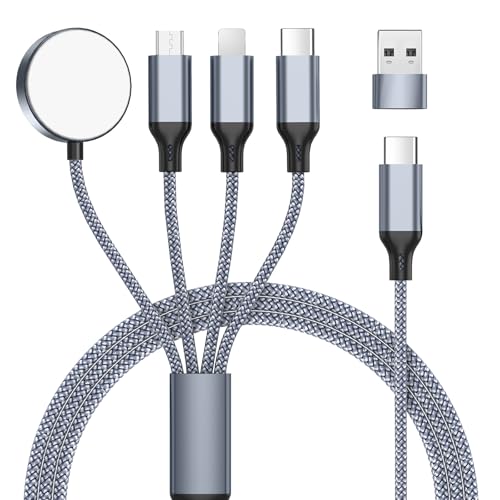 Multi Ladekabel 4 in 1 für apple watch Ladegerät, 1.2M Universal Nylon Kabel, SchnellLadekabel Mit USB-A und USB-C Mehrfach für iPhone 17/16/15/14/13/12/11/iPad/Airpods/iWatch Serien