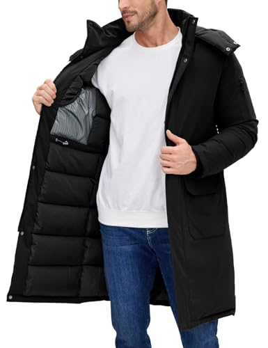 TOMEEK Winterjacke Herren Lang Warm Winterparka Herren Winddicht Steppmantel Outdoor Steppjacke mit Kapuze Daunenjacke Casual Warme Winter Mantel mit Taschen(Schwarz,L)