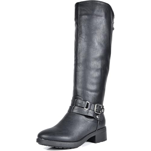DREAM PAIRS Kniehohe Damenstiefel, bequemer, klobiger Blockabsatz, spitzer Zehenbereich, seitlicher Reißverschluss, Wildleder-Slouch-Reitstiefel SCHWARZ UNCLE Taille 40.5