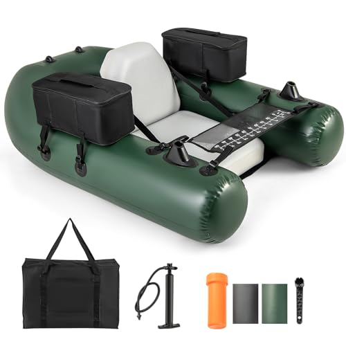 GOPLUS Bellyboat, Belly Boat bis 100 kg belastbar, aufblasbares Schlauchboot zum Angeln mit Verstellbarer Rückenlehne, 2 Aufbewahrungstaschen, Pumpe & Fischlineal, 157 x 114 x 35 cm, Grün