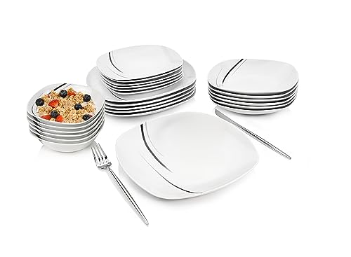 SÄNGER | Kombiservice Bilgola Black Lines 24 teilig, Porzellan Schüsseln & Geschirr Set 6 Personen, Tafelservice, Tiefe Teller, Essteller - spülmaschinenfest mikrowellenfest | PREMIUM COLLECTION